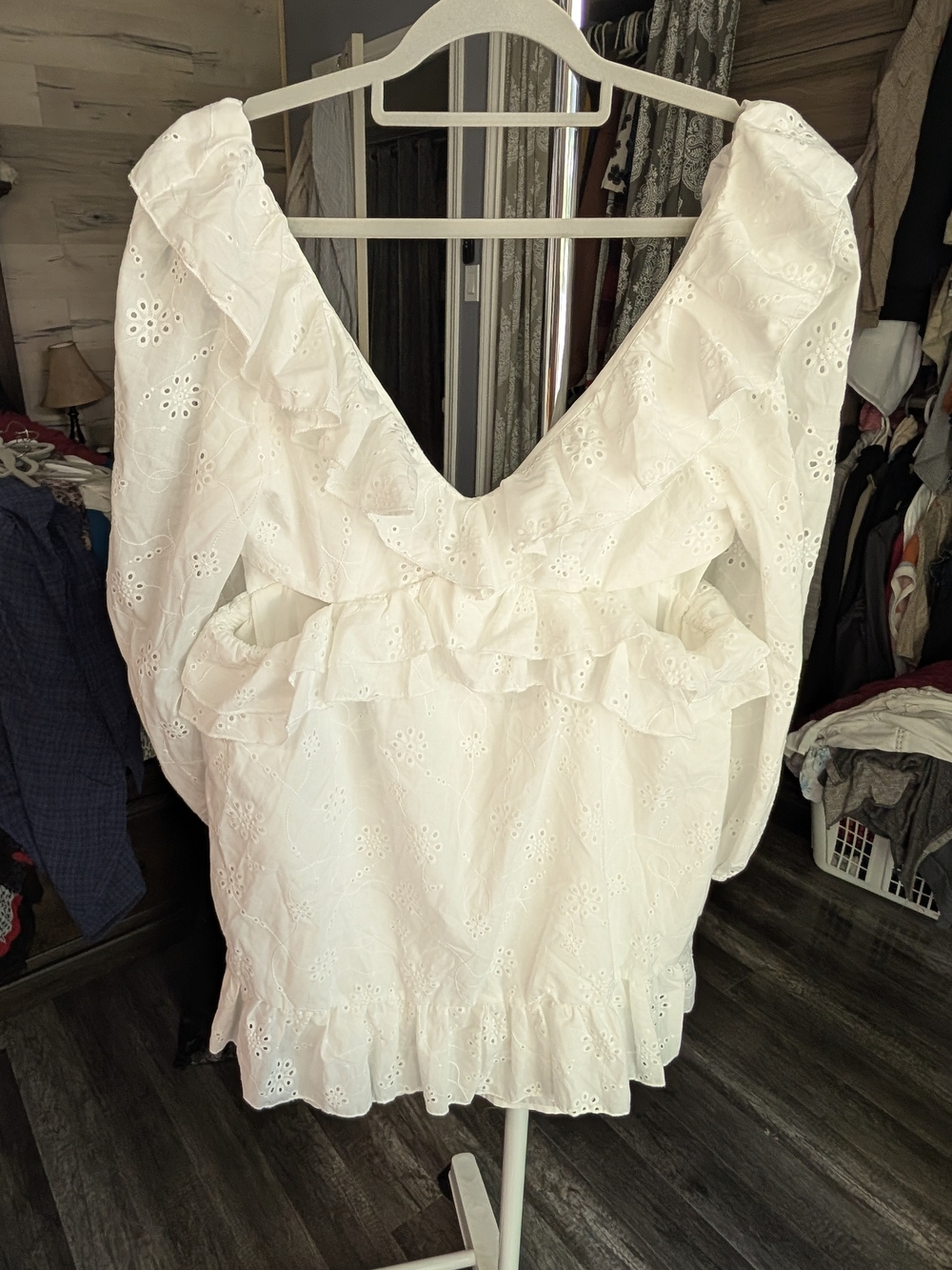 SHEIN White Eyelet Ruffle V-Neck Dress
